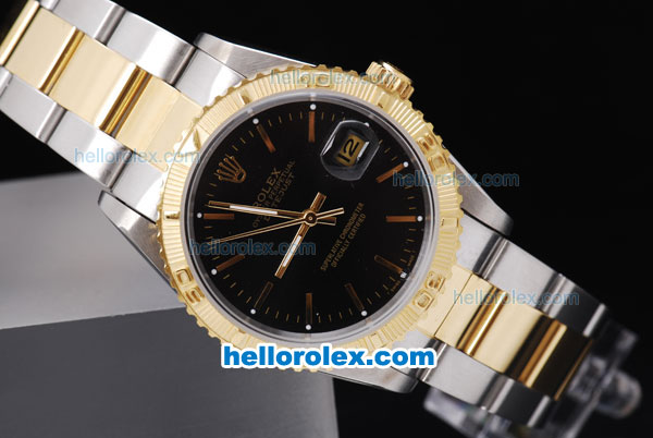 Rolex Datejust Automatic Two Tone with Gold Bezel and Black Dial-Vintage Linear Marking - Click Image to Close